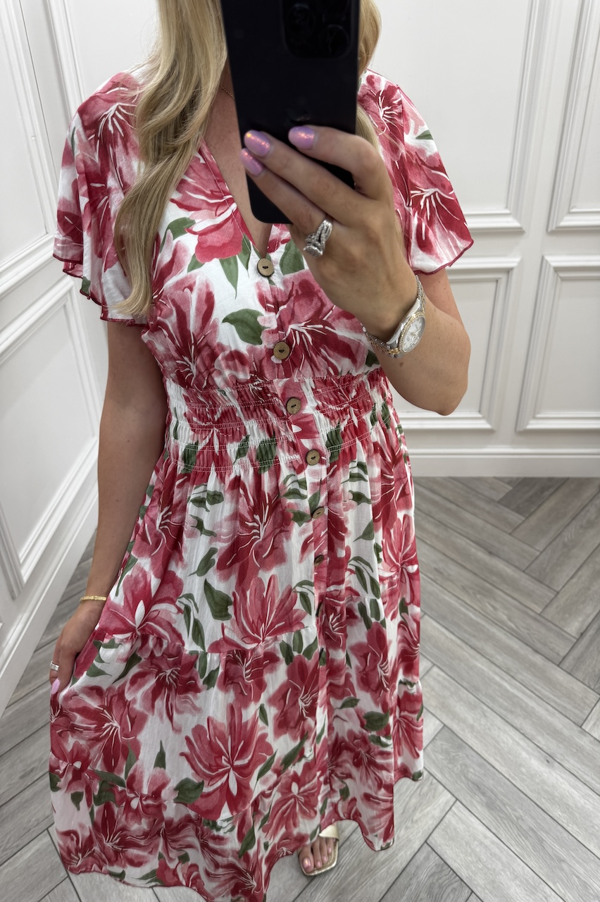 Quinn Red Shirred Midi Dress