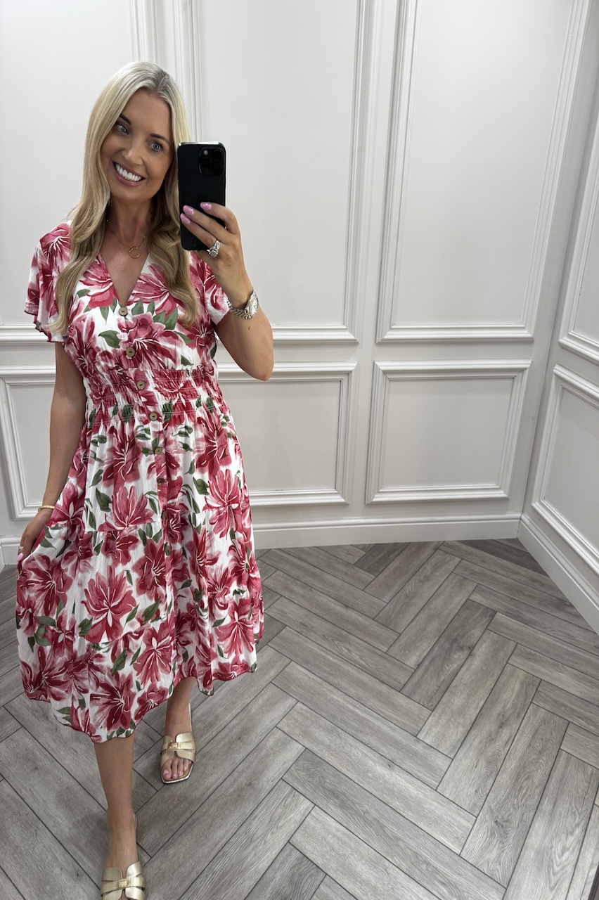 Quinn Red Shirred Midi Dress