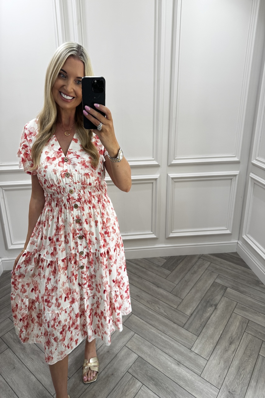 Marlowe Red Shirred Midi Dress