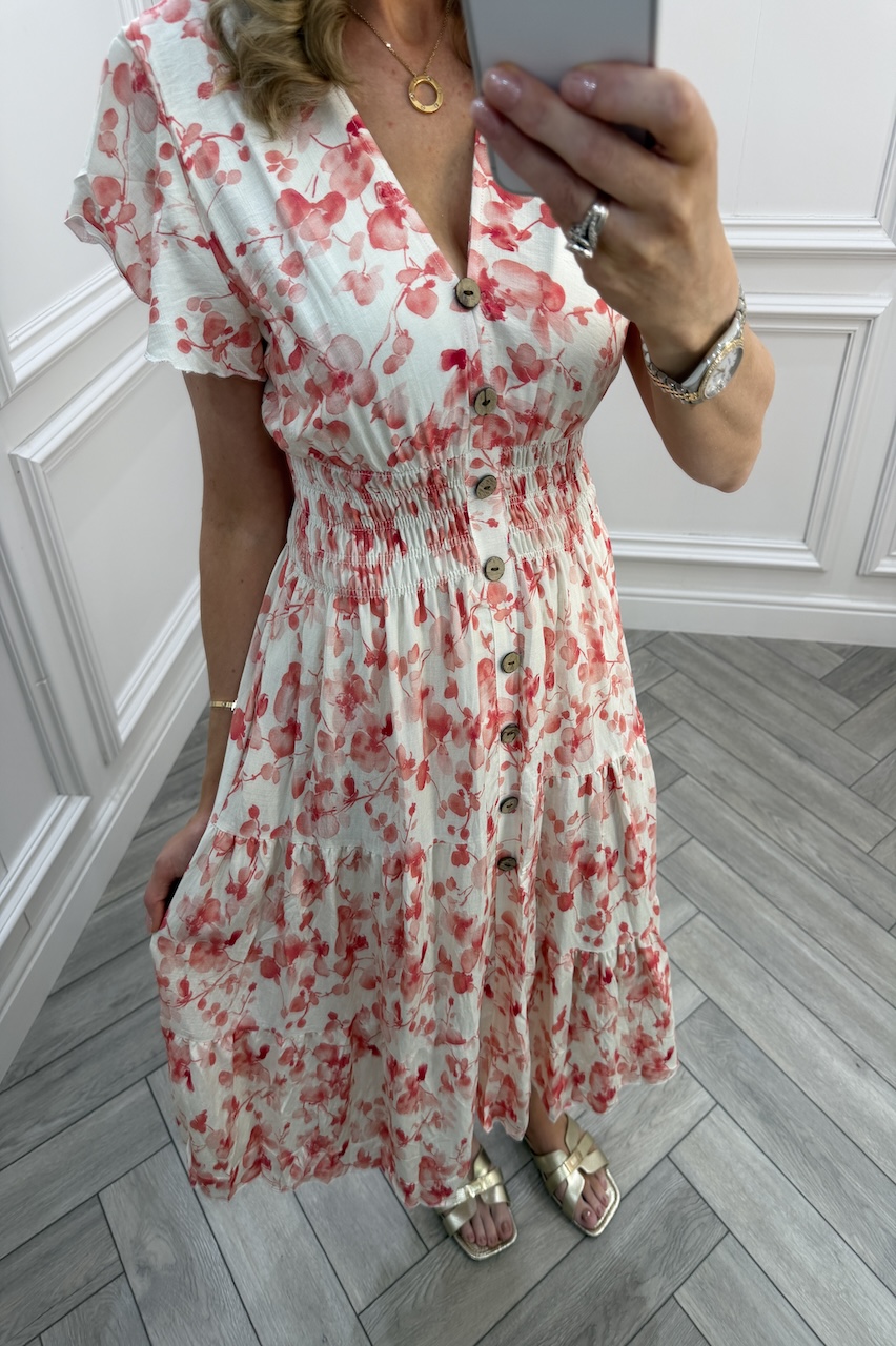 Marlowe Red Shirred Midi Dress