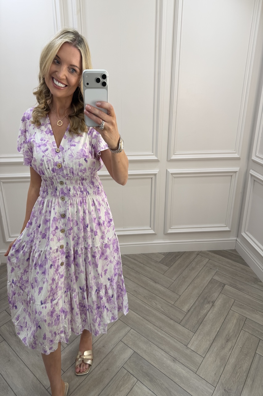 Marlowe Purple Shirred Midi Dress