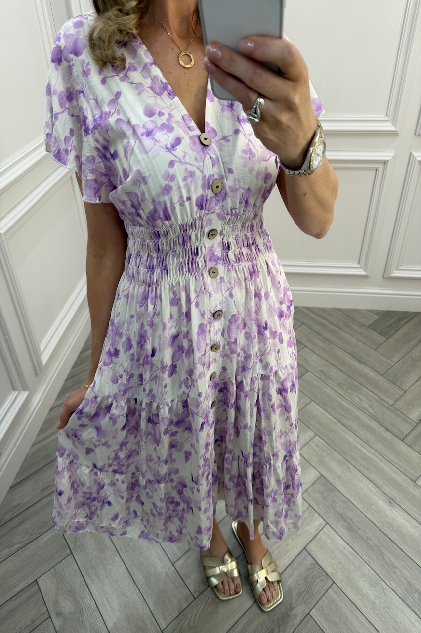 Marlowe Purple Shirred Midi Dress