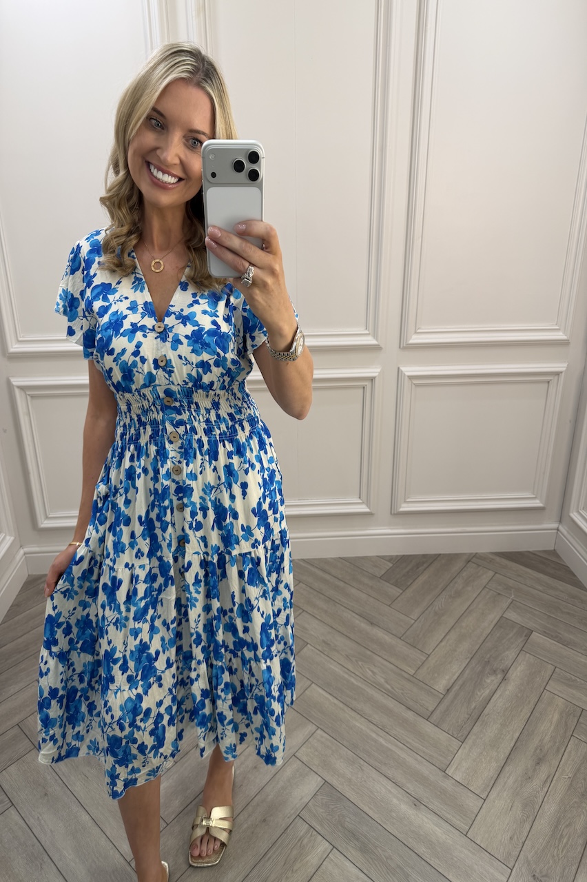 Marlowe Blue Shirred Midi Dress
