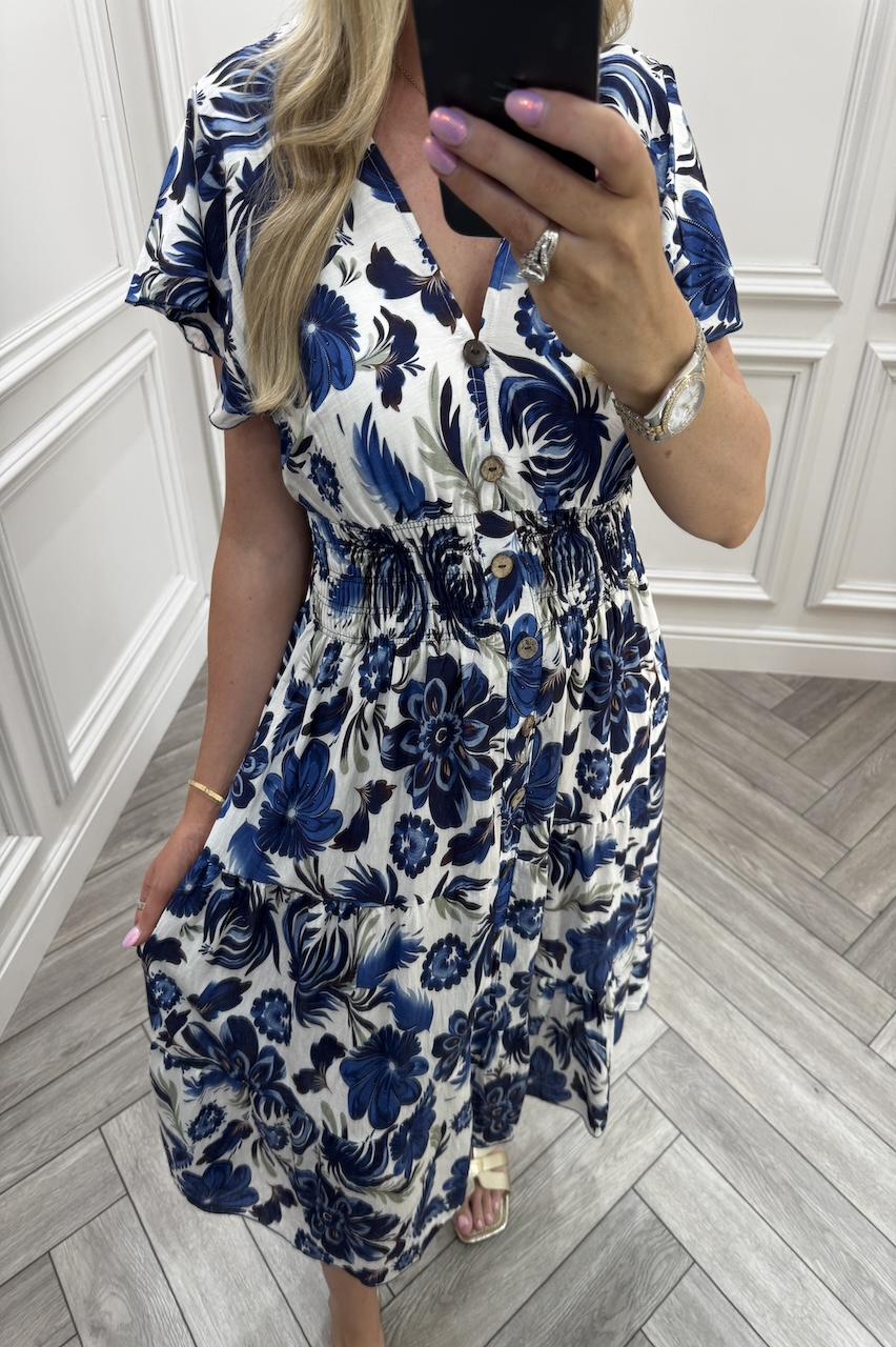 Rhea Navy Shirred Midi Dress