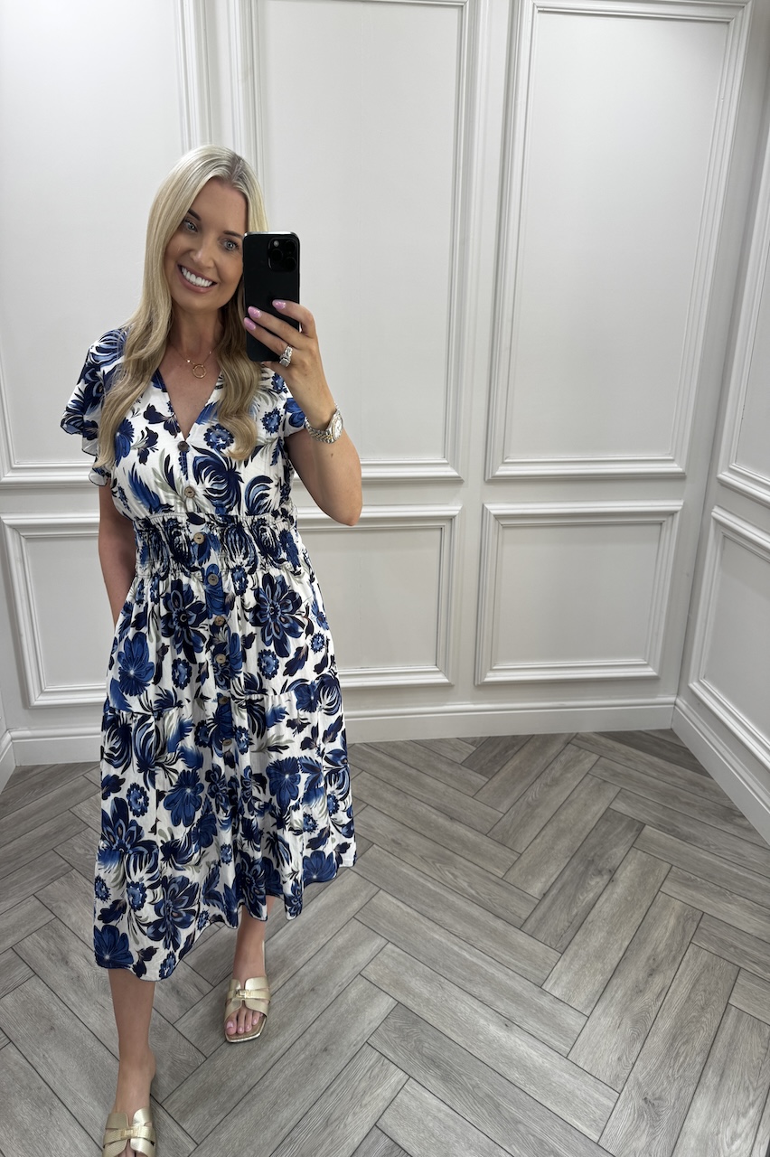 Rhea Navy Shirred Midi Dress