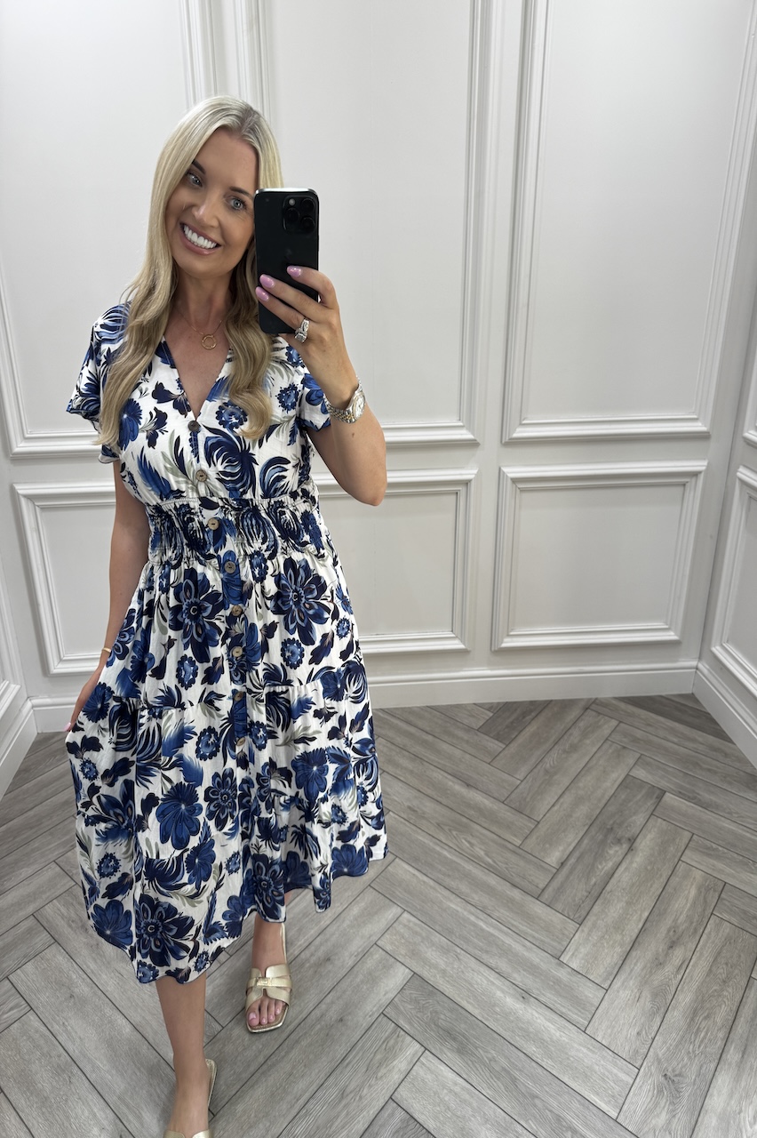 Rhea Navy Shirred Midi Dress
