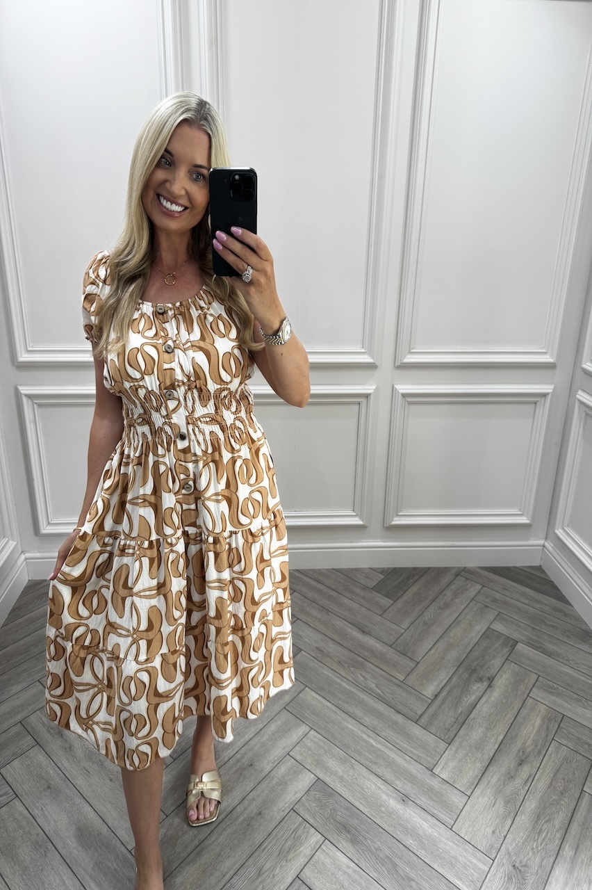 Adeline Tan Shirred Midi Dress