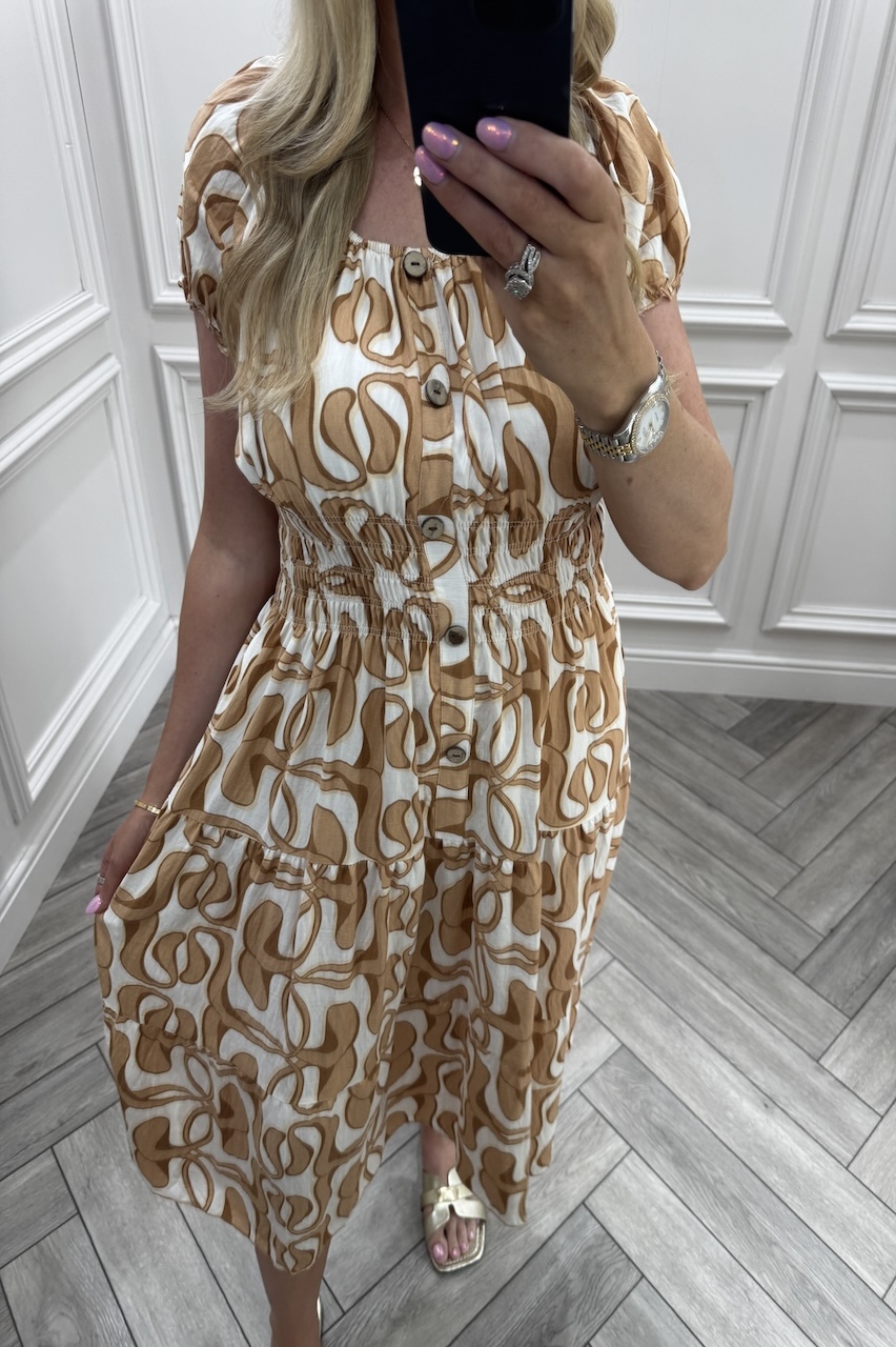 Adeline Tan Shirred Midi Dress