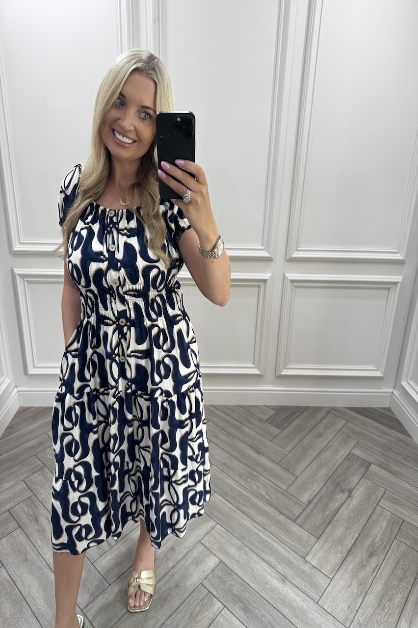 Adeline Navy Shirred Midi Dress