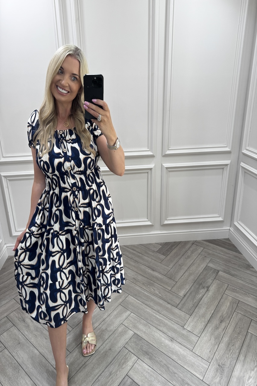 Adeline Navy Shirred Midi Dress