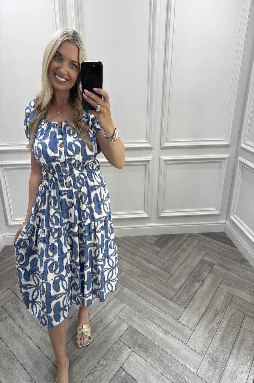 Adeline Blue Shirred Midi Dress