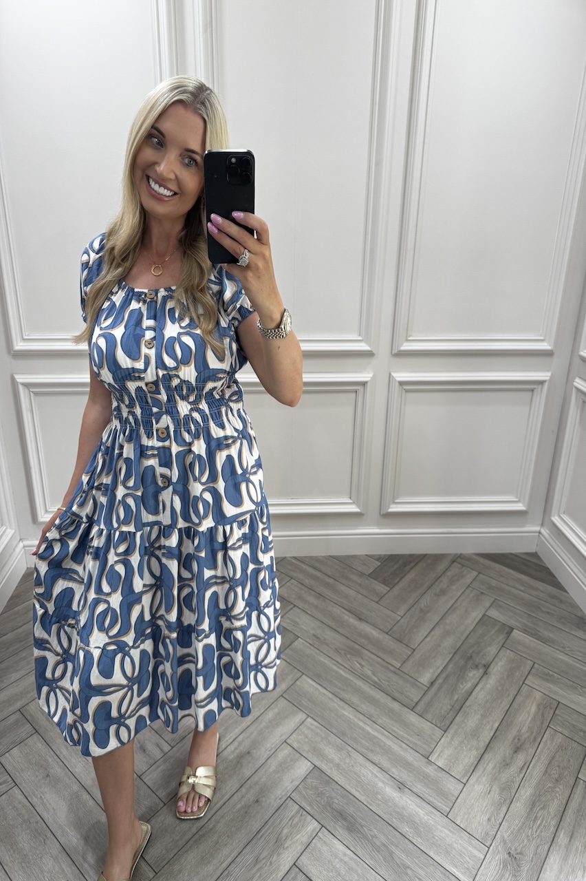 Adeline Blue Shirred Midi Dress