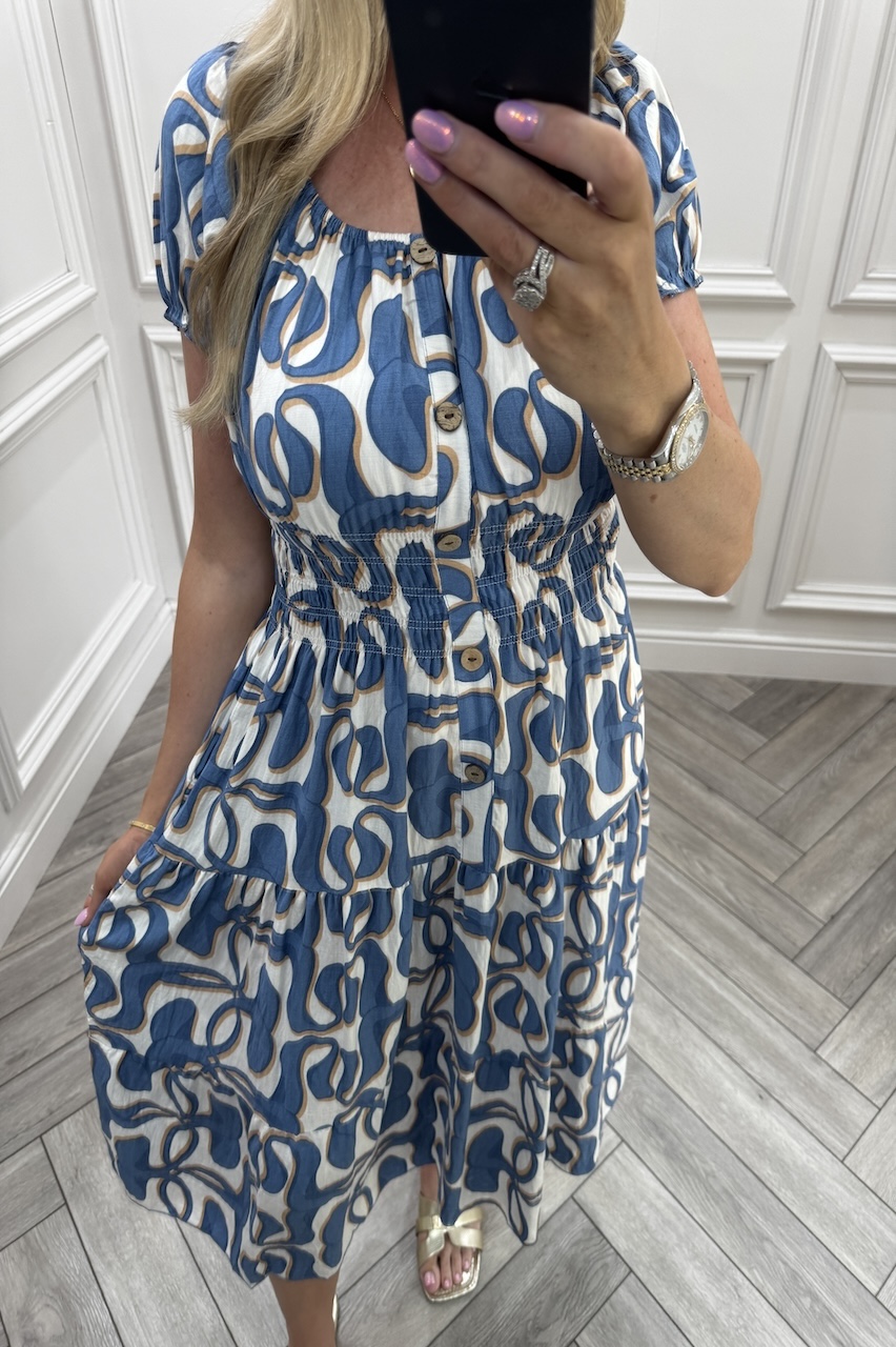 Adeline Blue Shirred Midi Dress