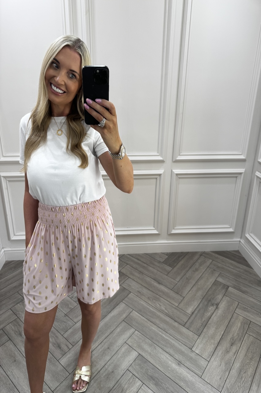  Macie Dusky Pink Polka Dot Elasticated Shorts