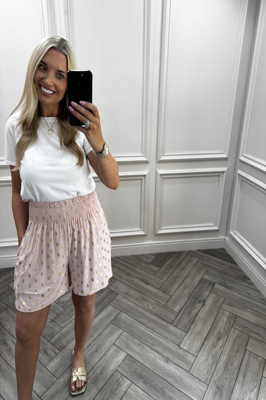  Macie Dusky Pink Polka Dot Elasticated Shorts