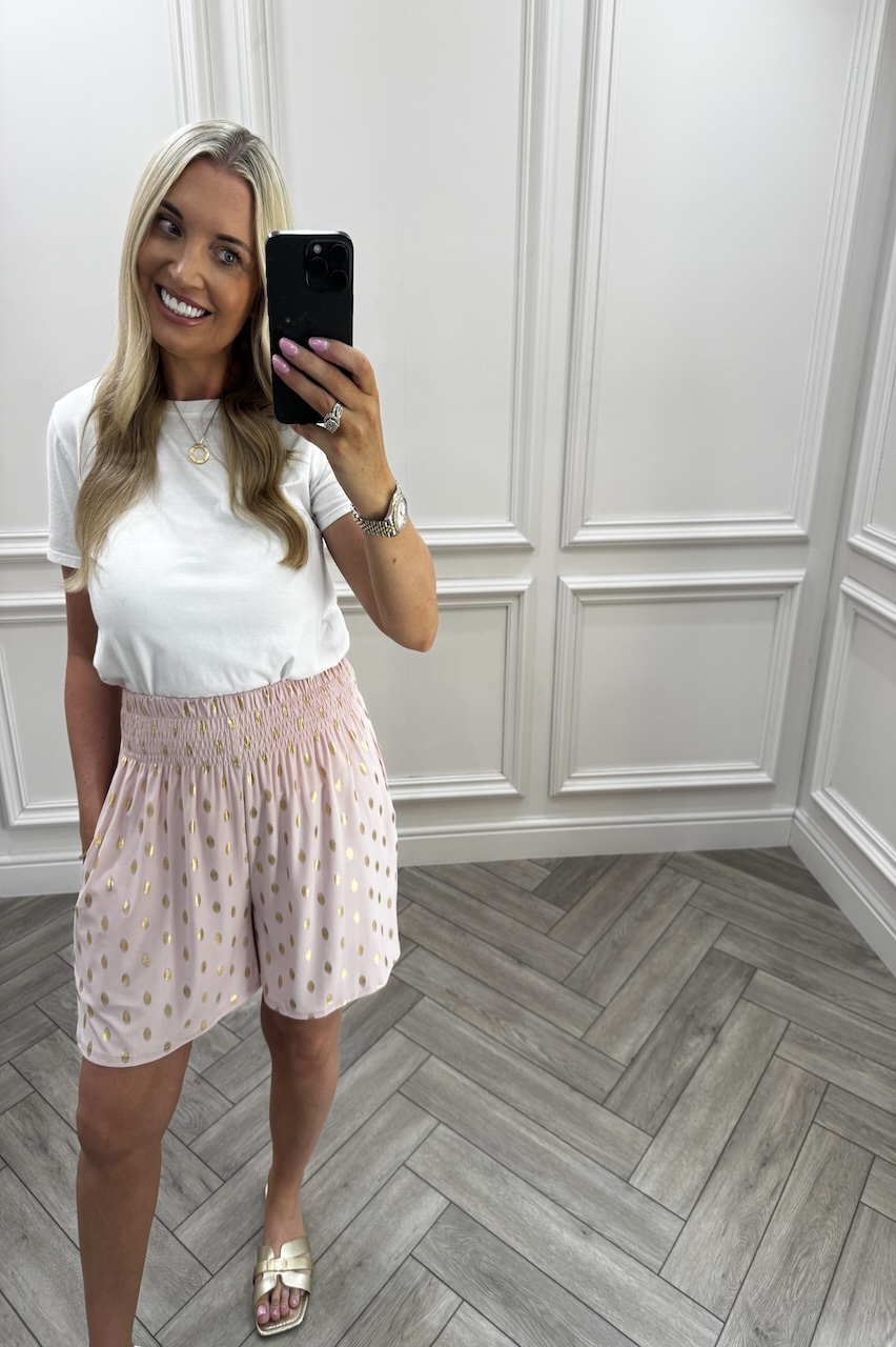  Macie Dusky Pink Polka Dot Elasticated Shorts