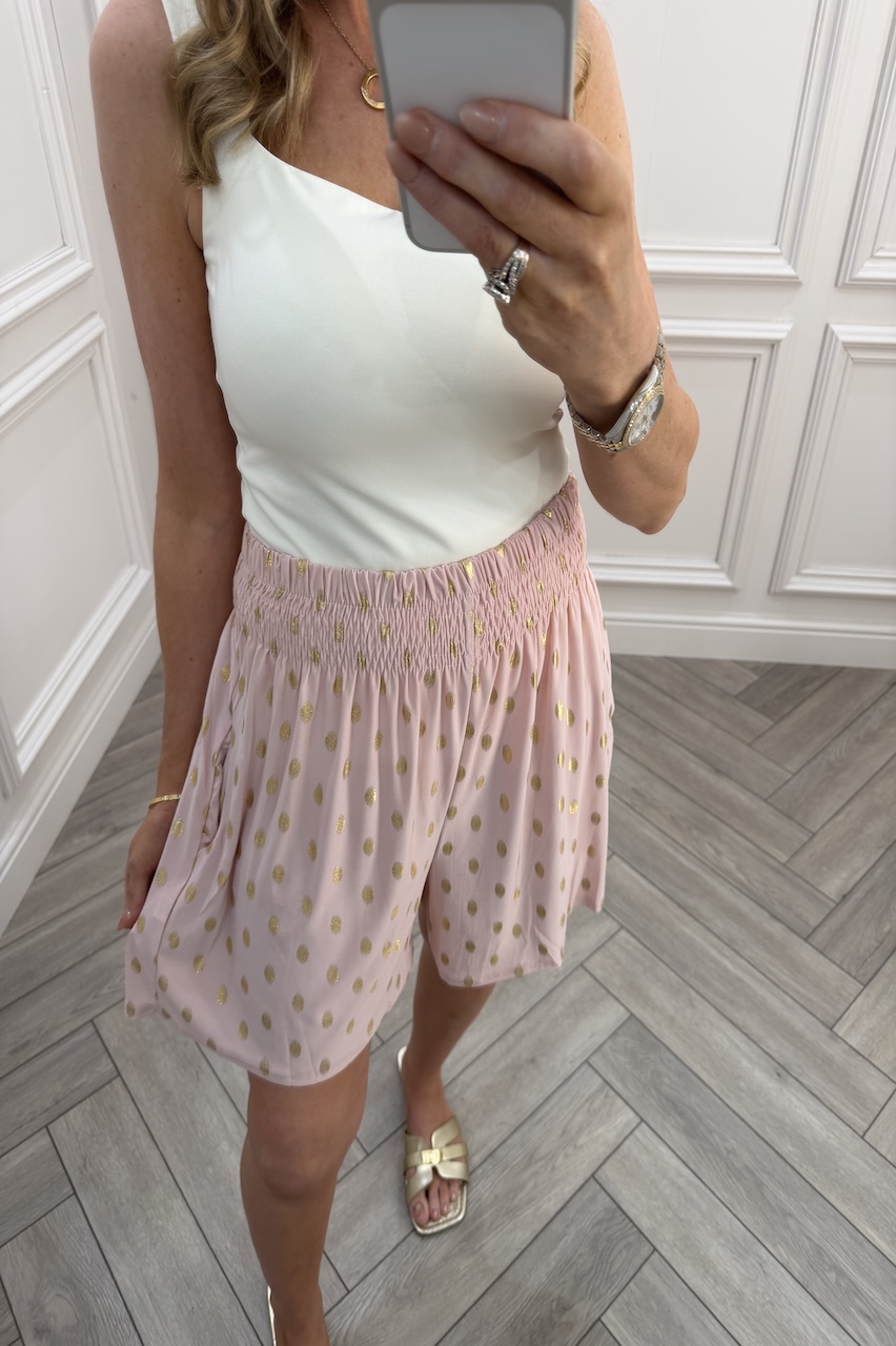  Macie Dusky Pink Polka Dot Elasticated Shorts