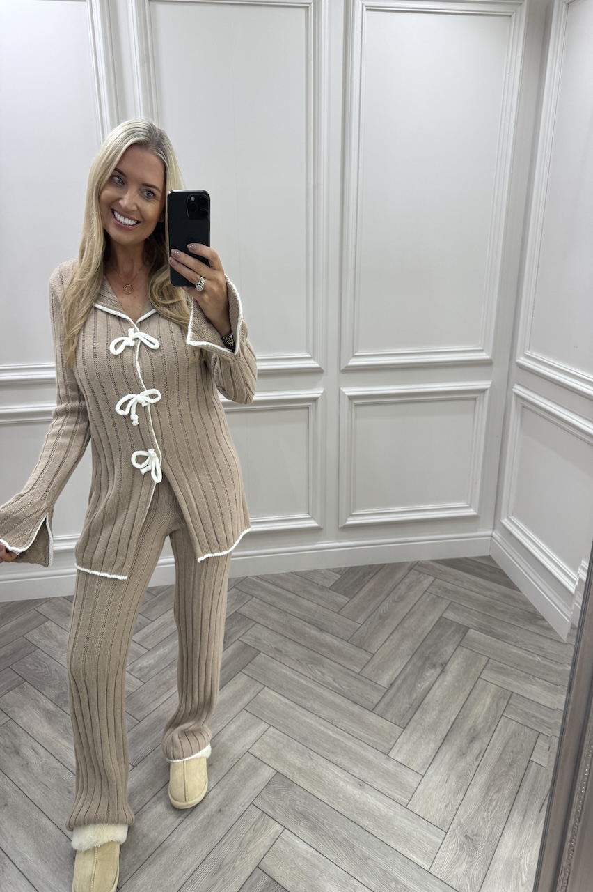  Beige Chic Bow  Knitted Bow Lounge Set