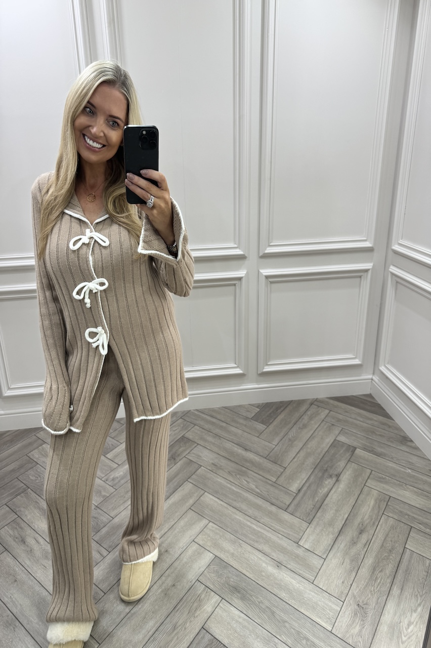  Beige Chic Bow  Knitted Bow Lounge Set