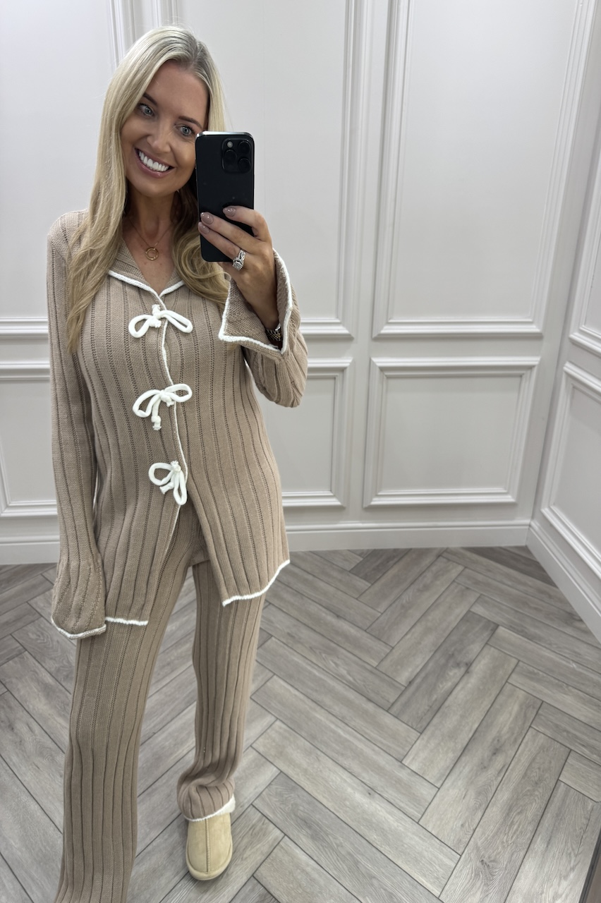  Beige Chic Bow  Knitted Bow Lounge Set