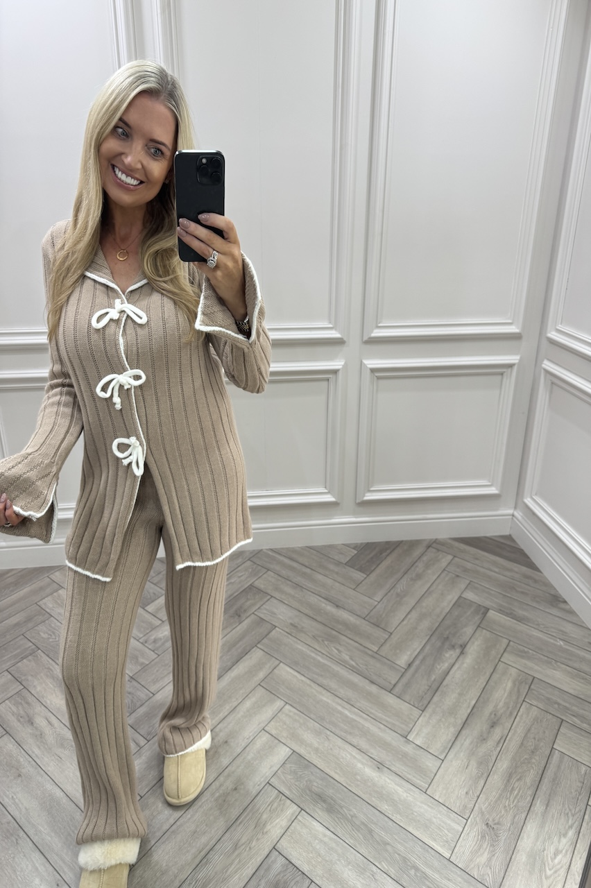  Beige Chic Bow  Knitted Bow Lounge Set
