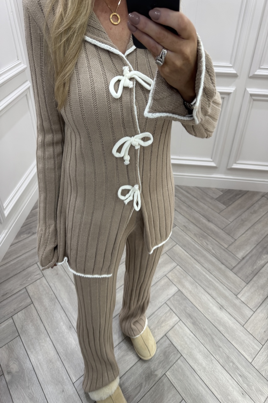  Beige Chic Bow  Knitted Bow Lounge Set