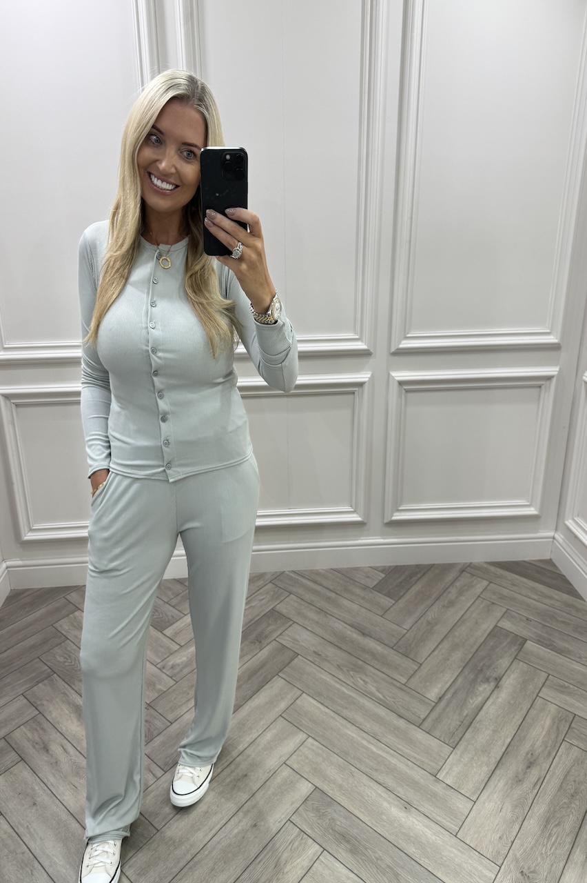 Grey Lorenza Ribbed Button Up Lounge Set