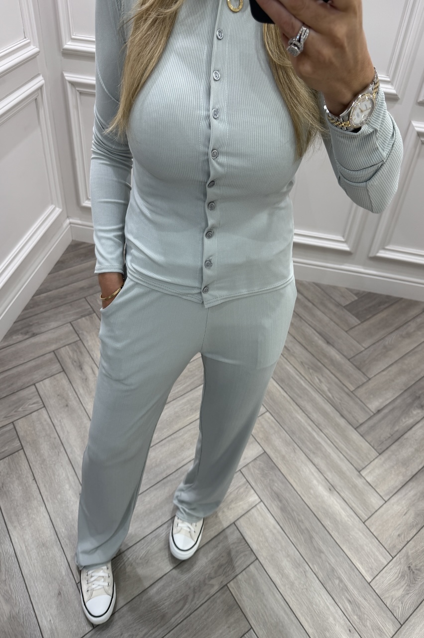 Grey Lorenza Ribbed Button Up Lounge Set