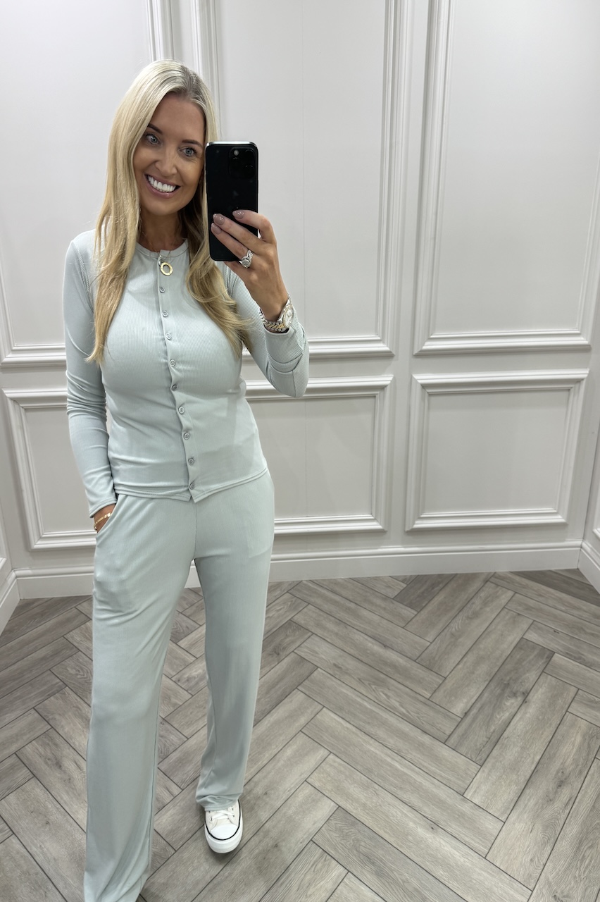 Grey Lorenza Ribbed Button Up Lounge Set