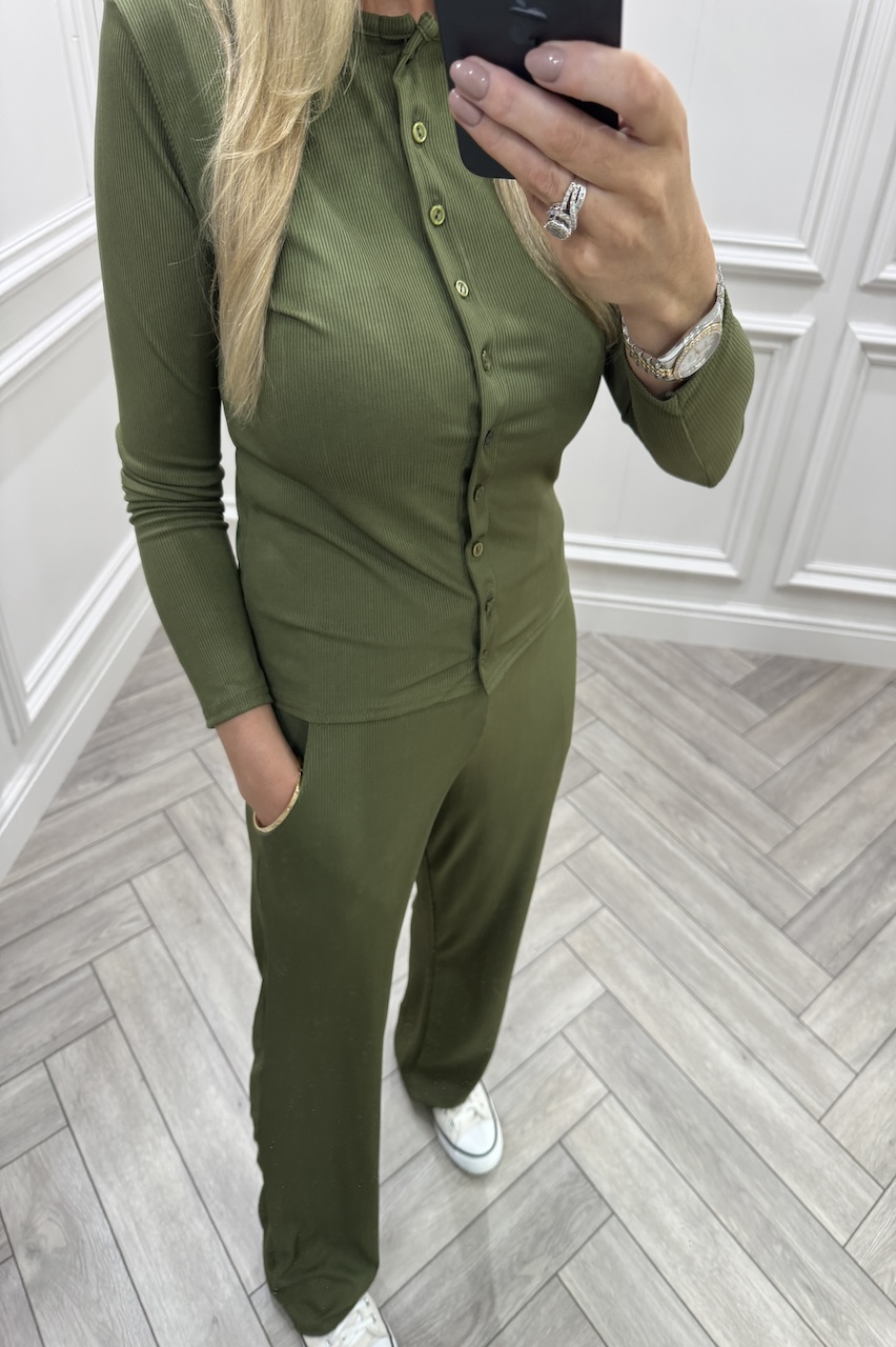 Khaki Lorenza Ribbed Button Up Lounge Set