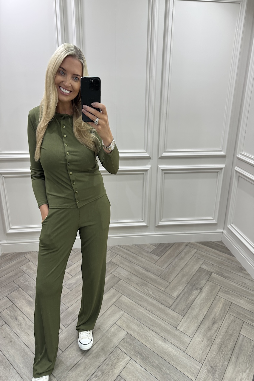 Khaki Lorenza Ribbed Button Up Lounge Set