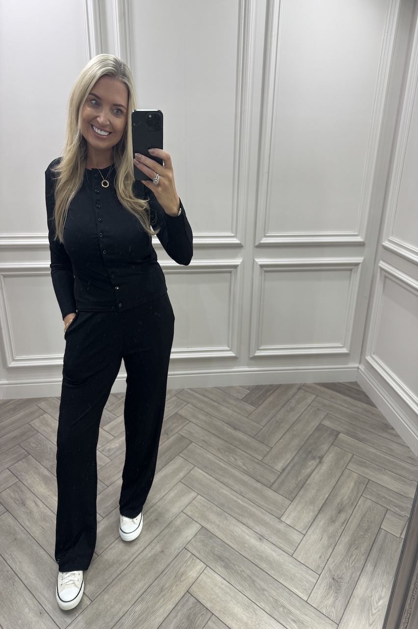 Black Lorenza Ribbed Button Up Lounge Set