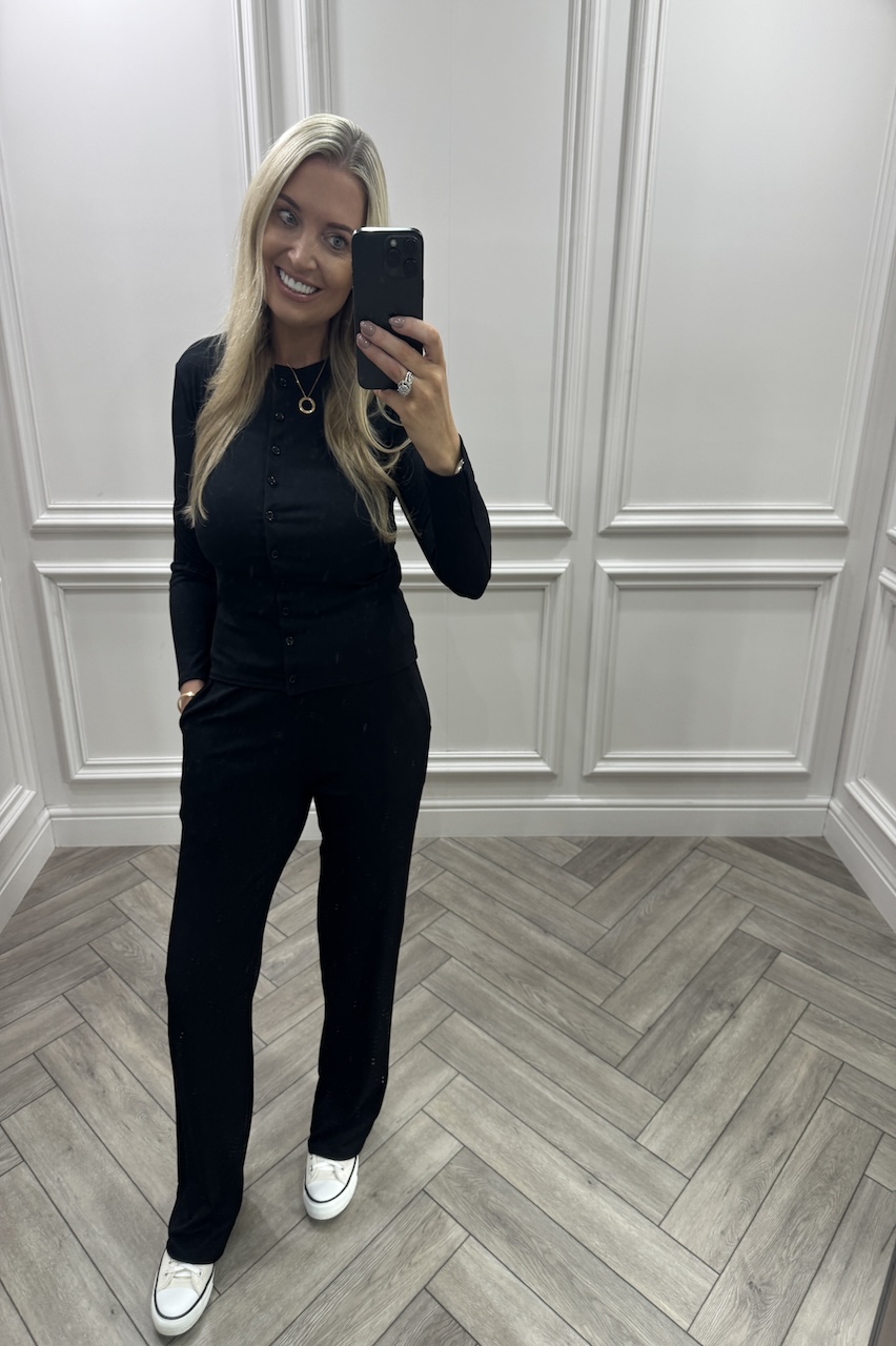 Black Lorenza Ribbed Button Up Lounge Set