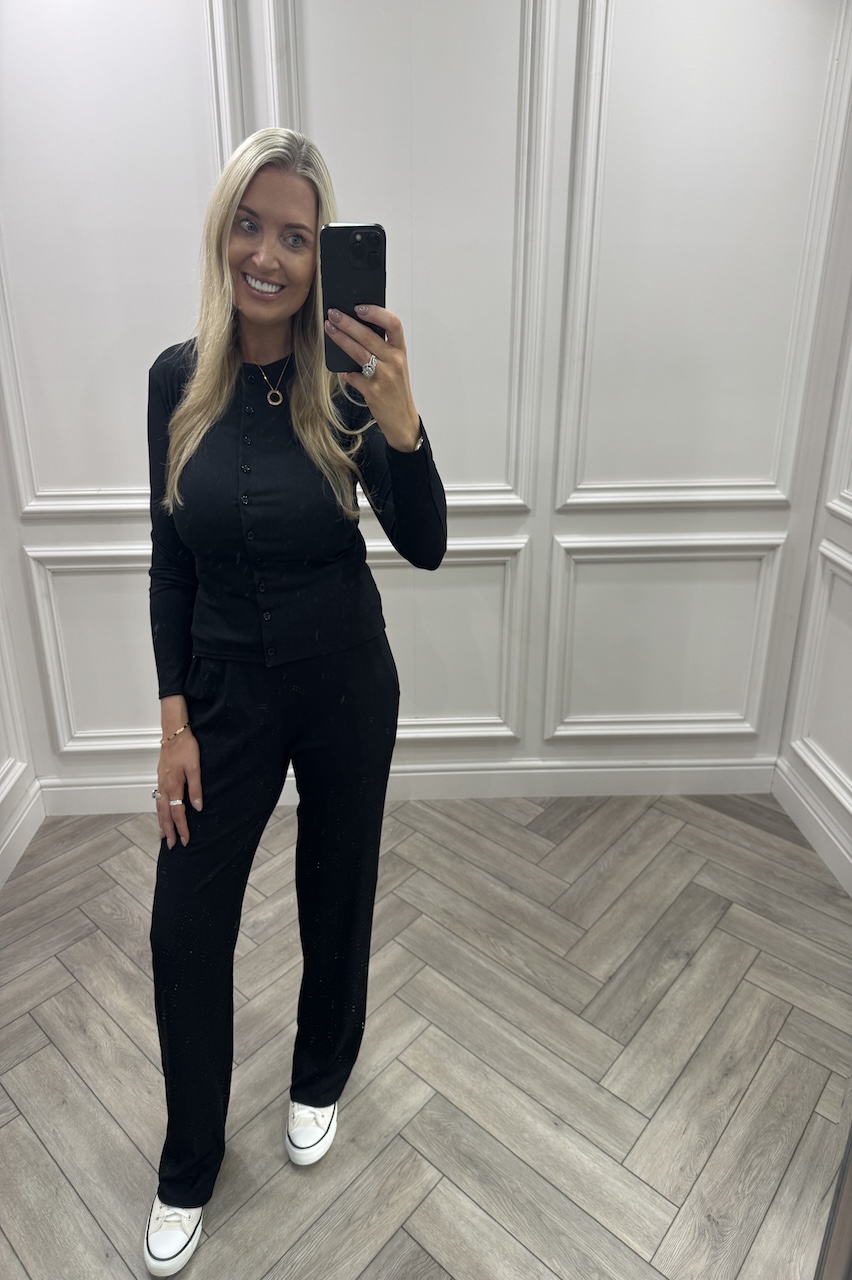 Black Lorenza Ribbed Button Up Lounge Set