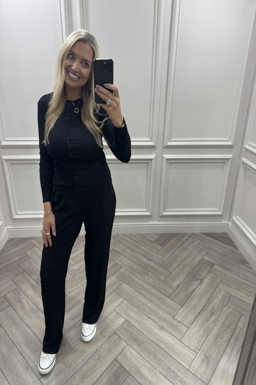 Black Lorenza Ribbed Button Up Lounge Set