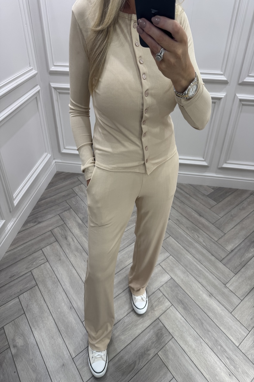 Beige Lorenza Ribbed Button Up Lounge Set