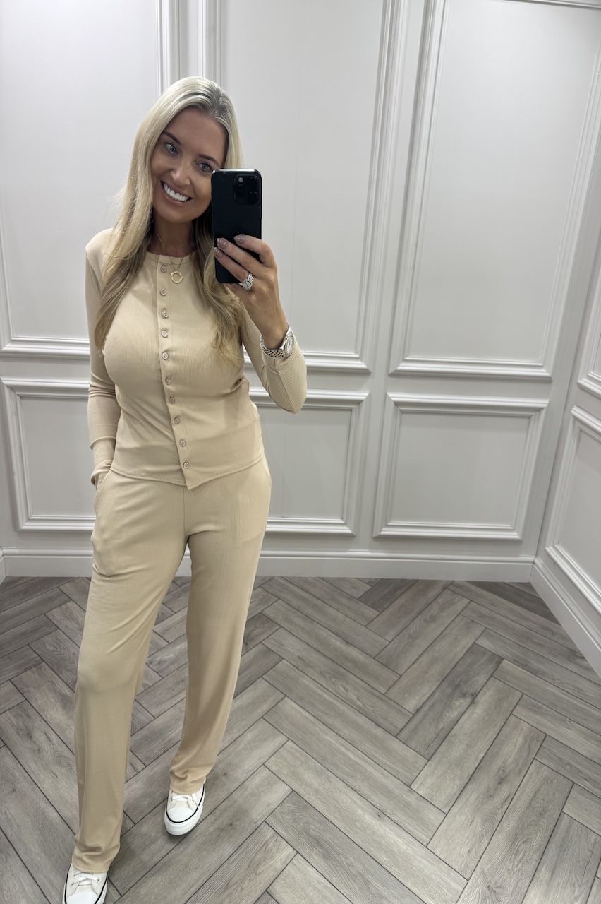 Beige Lorenza Ribbed Button Up Lounge Set