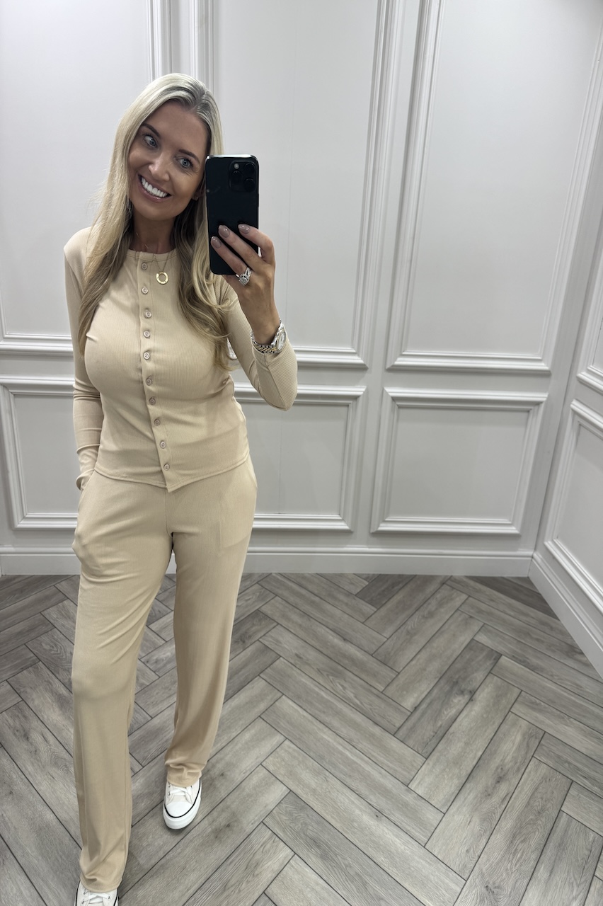 Beige Lorenza Ribbed Button Up Lounge Set