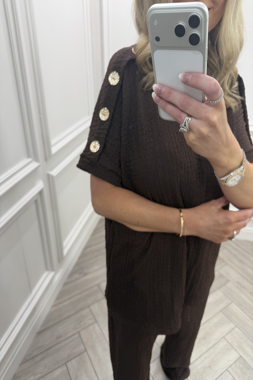 Brown Autumn Gold Button Trouser Set