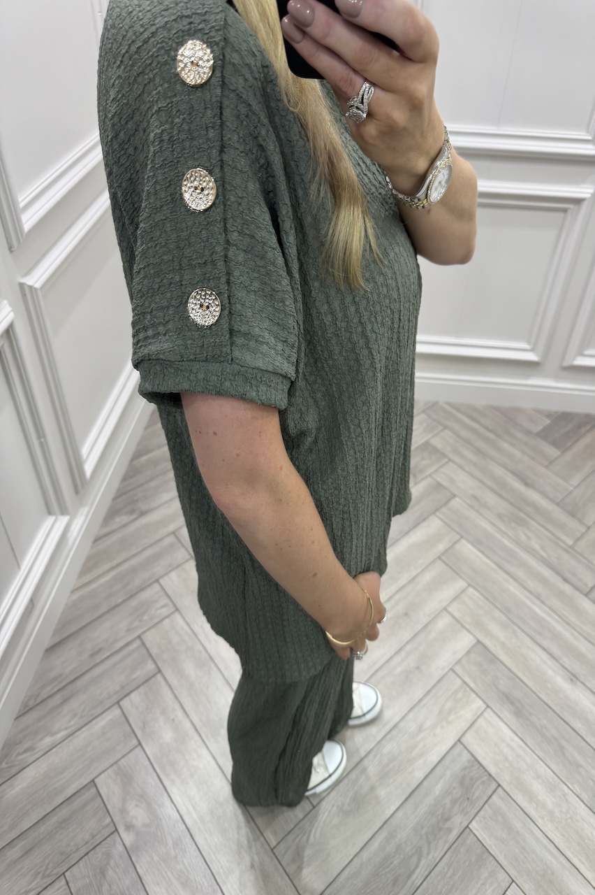 Khaki Autumn Gold Button Trouser Set