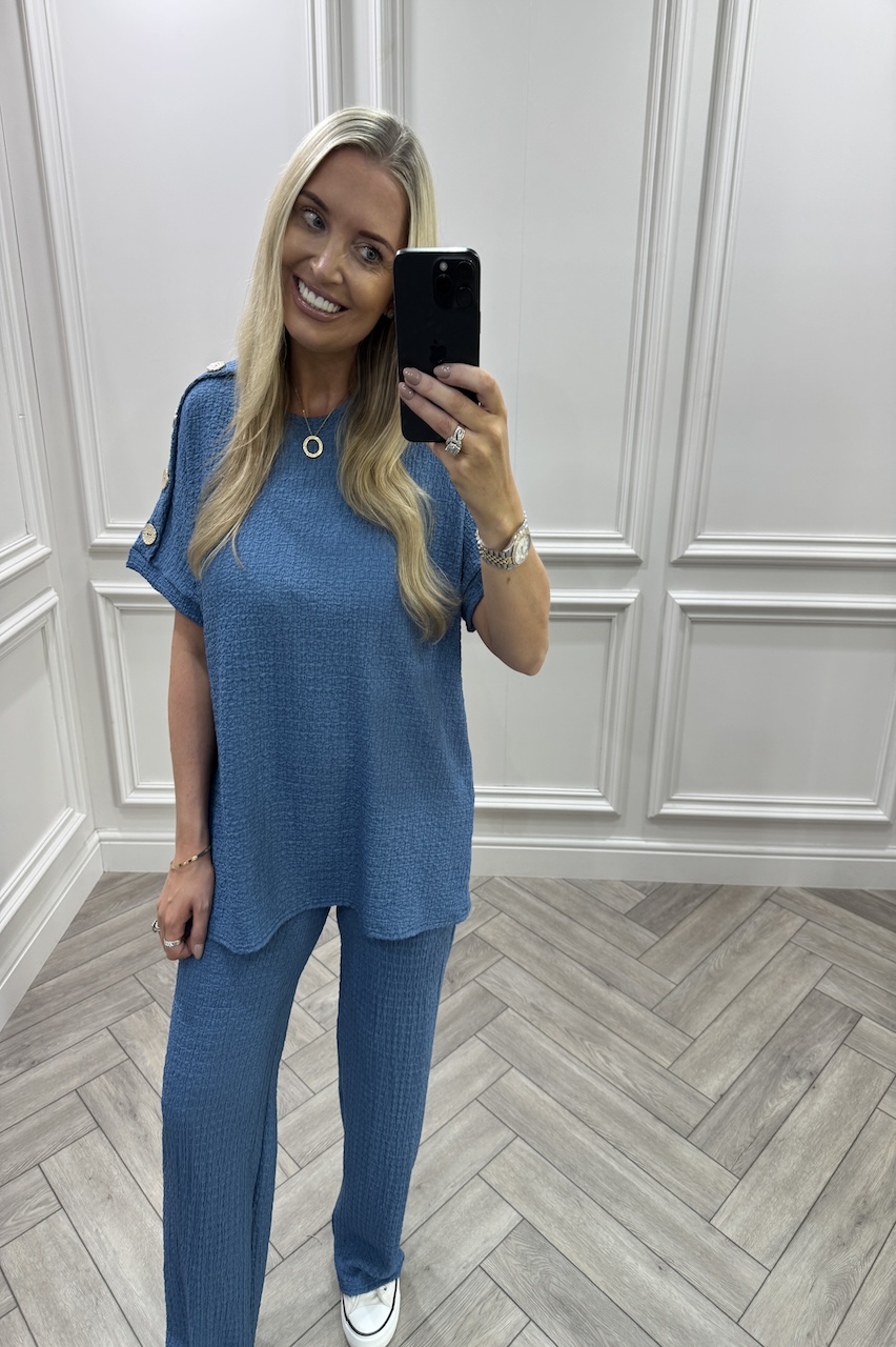 Denim Blue Autumn Gold Button Trouser Set