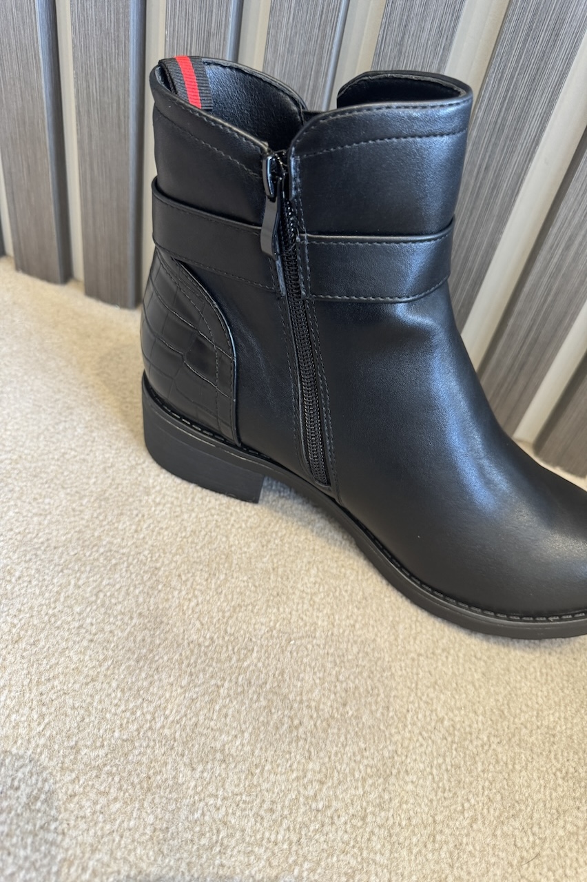 Black Nevaeh Buckle Ankle Boots With Croc Detail 