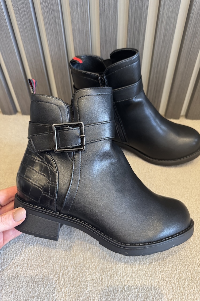 Black Nevaeh Buckle Ankle Boots With Croc Detail 