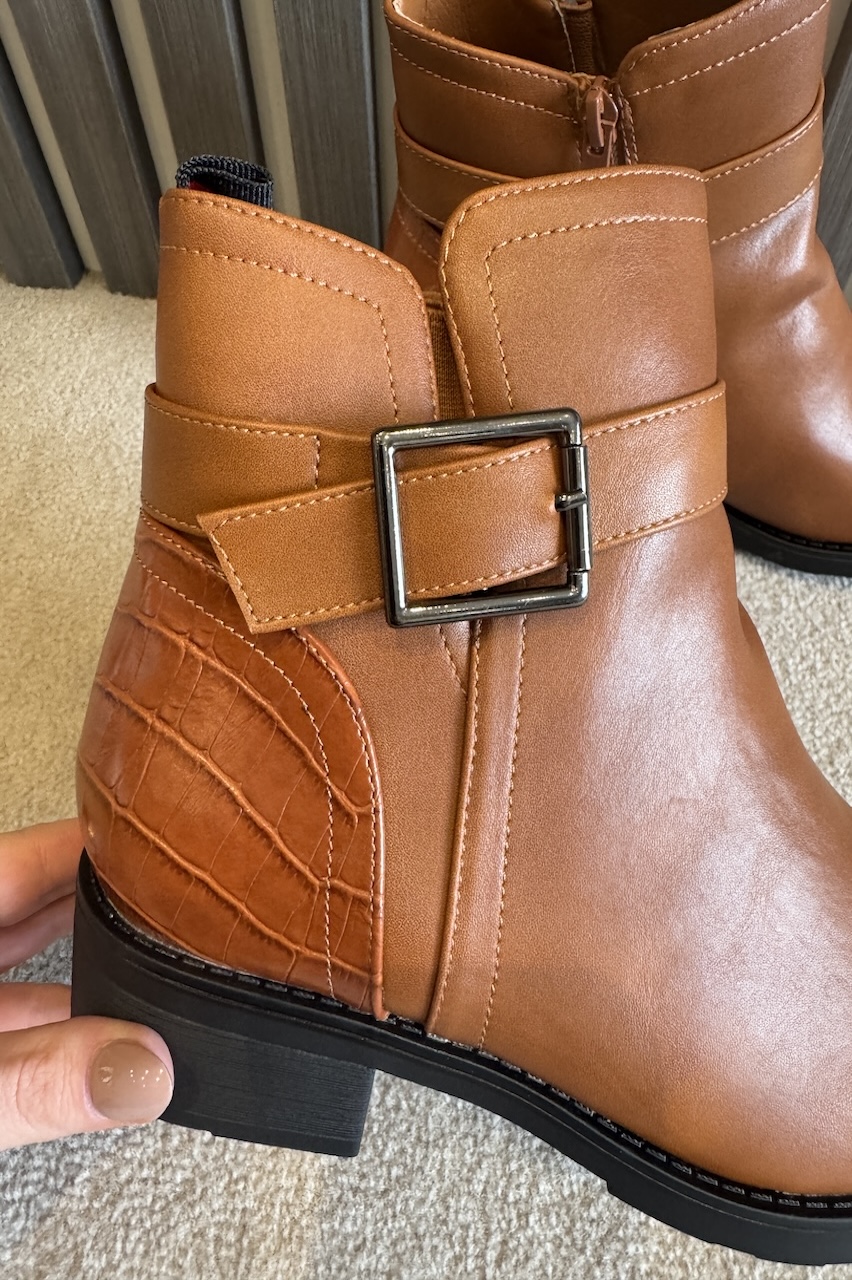 Tan Nevaeh Buckle Ankle Boots With Croc Detail 