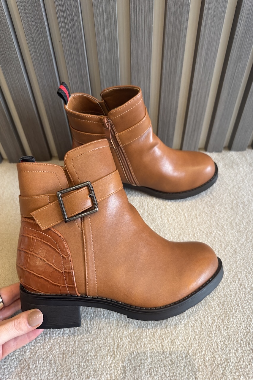 Tan Nevaeh Buckle Ankle Boots With Croc Detail 