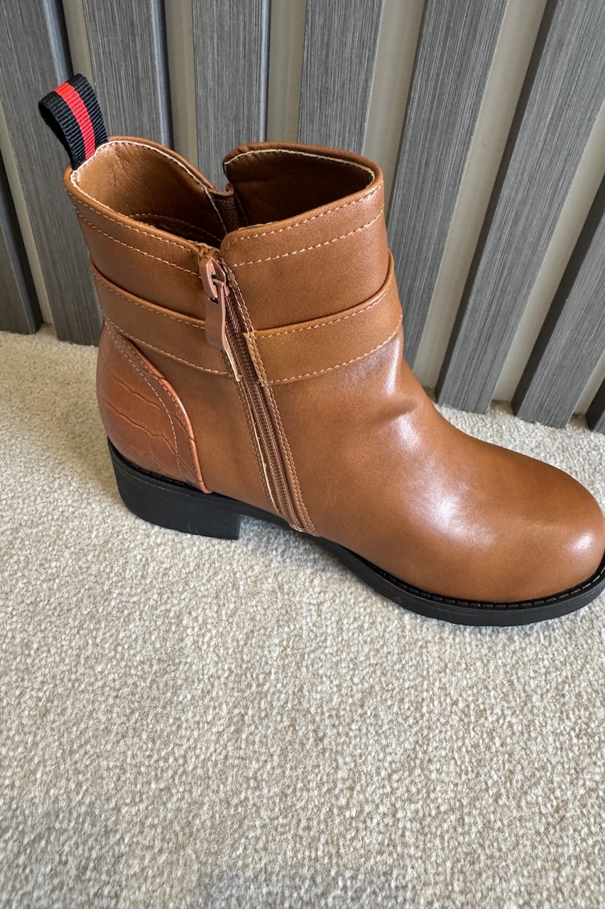 Tan Nevaeh Buckle Ankle Boots With Croc Detail 