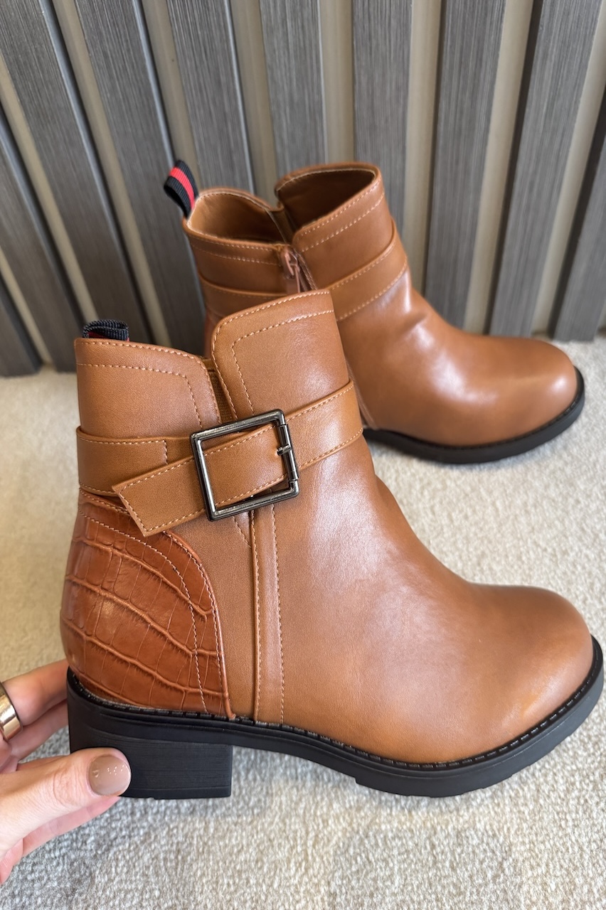 Tan Nevaeh Buckle Ankle Boots With Croc Detail 
