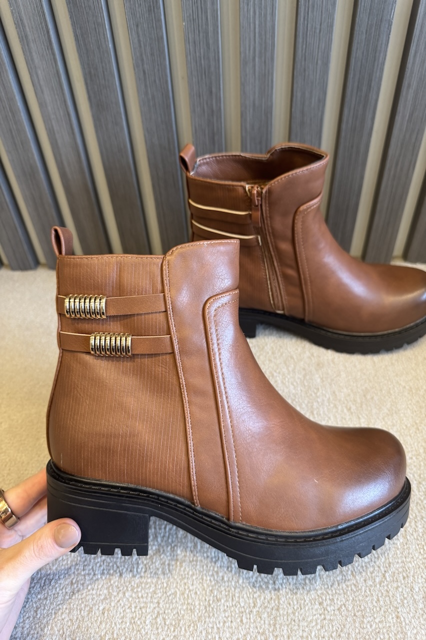 Tan Taylor Ankle Boots With Gold Detail 