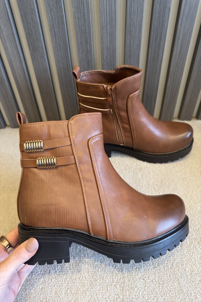 Tan Taylor Ankle Boots With Gold Detail 