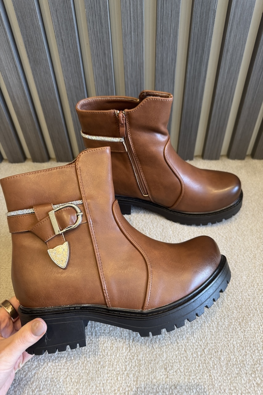 Tan Laurel Ankle Boots With Belt Buckle Detail 